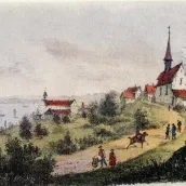 Kirche mit Dachreiter am Weg, Lithografie 1830 (Andreas Bertram-Weiss)